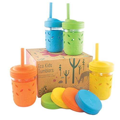 Image of Elk and Friends Kids & Toddler Cups | The Original Glass Mason jars 8 oz with Silicone Sleeves & Silicone Straws with Stoppers | Smoothie Cups | Spill Proof Sippy Cups for Toddlers
