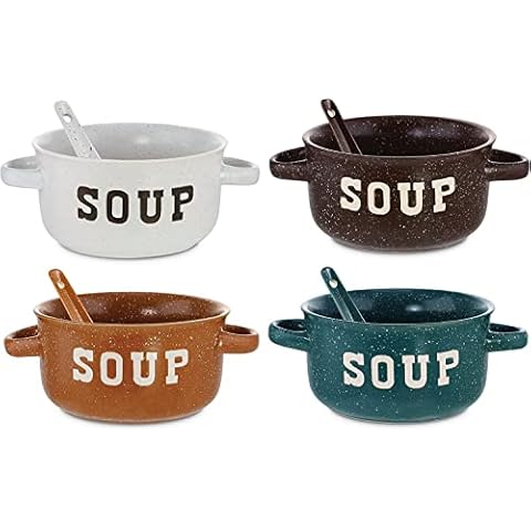 ZENVY Soup Bowl Set of 4 | Ceramic Soup Bowls and Spoons | 22 Ounce (Speckled) Cover