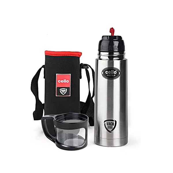 Cello Instyle Vacuum Insulated Flask with Jacket, 1000ml | Hot and Cold Water Bottle with Dual Cup & Cap | Double Walled Stainless Steel Bottle for Travel, Home, Office, School | Steel Thermos 1L