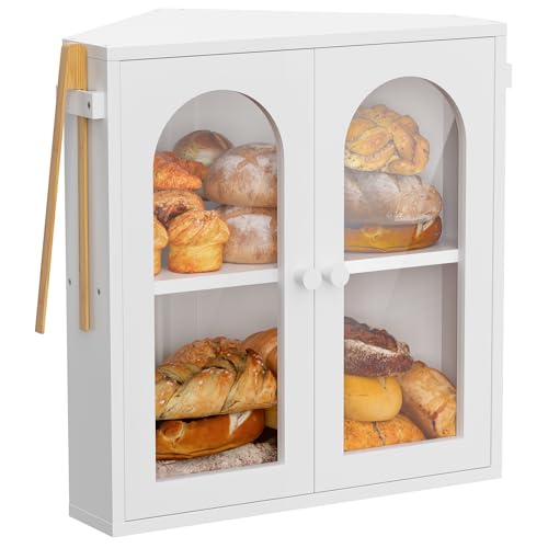 WOWLIVE Corner Bread Box for Kitchen Countertop - 2 Tier Bamboo Storage Container with Clear Acrylic Door, Extra Large Bread Bin Organizer (White)