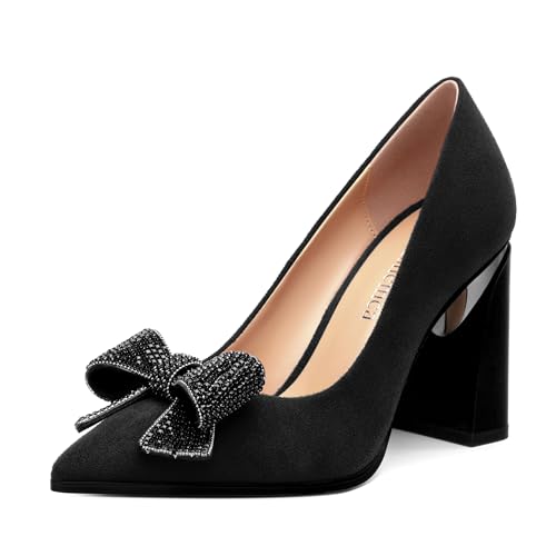 Women's Chunky high Heels,Pointy Toe Bow Pumps for Work, Office, Wedding and Dancing Shoes 3.5 Inch.