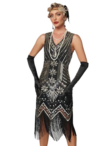 Viloree Robes Femme Flapper V Neck des années 1920 Perles frisées Grande Robe Gatsby Noir Or S