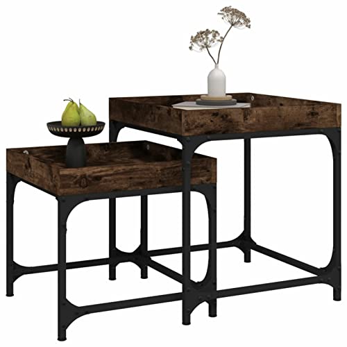 Table de salon double table d'appoint bois chêne fumé design - 5