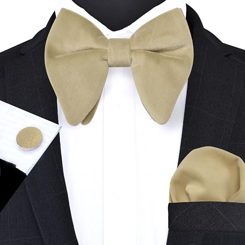 Image of GUSLESON Mens Solid Plaid Velvet Pre-tied Adjustable Bow Tie and Pocket Square Cufflink Set with Gift Box
