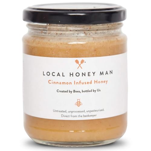 Image of Local Honey Man 340g Cinnamon Infused Raw Honey, Pure British Unpasteurised Honey Directly Sourced from Hive to Jar, Unprocessed Never Blended - Delicious on Toast, Easy to Use in Drinks, Glass Jar