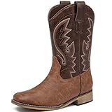 LAURMOSA Cowboy Boots for Boys Dark Brown Square Toe Kids Cowboy Boys Dress Leather Boots Size 3 Toddler Western Kids Riding Shoes Embroidered Old West Wide Calf Cowgirl Shoes(L1060DarkBrown 3)