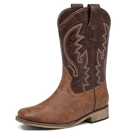 LAURMOSA Kids Boots for Boys Cowboy Dark Brown Square Toe Boys Western Cowboy Kids Work Leather Boots Size 2 Old West Embroidered Toddler Horse Riding Shoes Toddler Cowgirl Shoes(L1060DarkBrown 2)