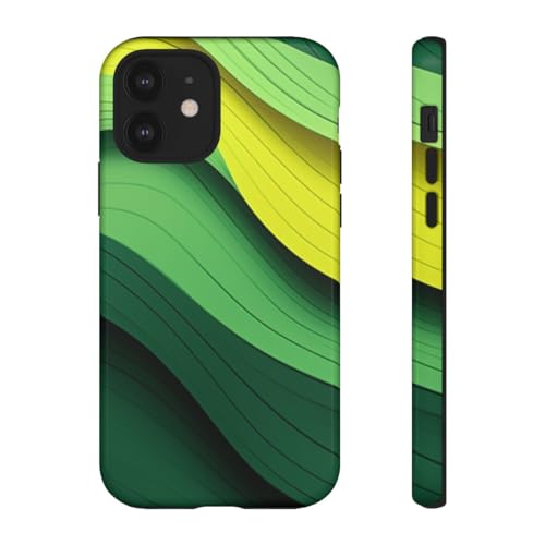 Coque rigide brillante motif vague vert et jaune pour iPhone 12 haut de gamme