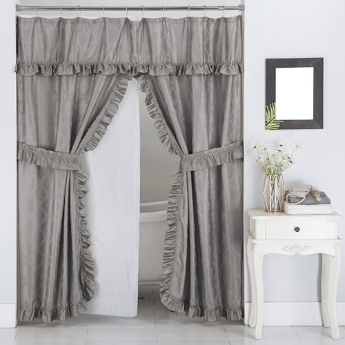 Castle Selection Double Swag Ruffled Fabric Shower Curtain Set, Intersected Leaves Pattern, PEVA Liner and Roller Rings (Grey) by Castle Selection - Used condition - US$24.89