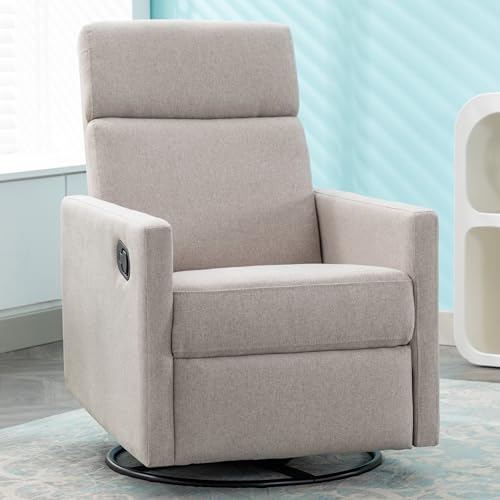 Image of LUMISOL Swivel Rocking Recliner Chair for Adults, Nursery Glider Chair Manual Reclining Single Sofa Chair, Linen Upholstered Glider Rocker Recliner with High Back, Tan