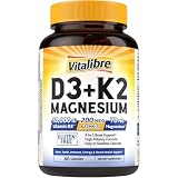 Vitalibre D3 K2 + Magnesium Supplement, 10000 IU Vitamin D3 & 200 mcg K2, with Magnesium Glycinate, Bone, Teeth, Immune & Energy Support, High Absorption, Non-GMO, Easy to Swallow, 60 Capsules