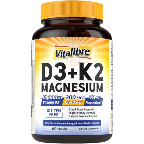 Vitalibre D3 K2 + Magnesium Supplement 10000 IU Vitamin D3 & 200 mcg K2 with Magnesium Glycinate Bone Teeth Immune & Energy Support High Absorption Non-GMO Easy to Swallow 60 Capsules