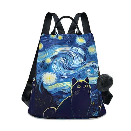 Sac à dos motif chat bleu nuit étoilée pour femme : protégez vos affaires en voyage