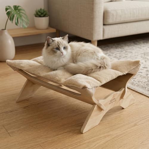 JSPYFITS Elevated Cat Bed Hammock Raised Cat Bed with Dual-Sided Plush & Linen Cushion Machine Washable & Breathable Cover Tool Free Easy Assembly up to 66Lbs (Beige)