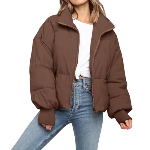 SXGYH Women’s Winter Cropped Puffer Jacket Coat Casual Quilted Baggy Long Sleeve Zip Down Jackets Outerwear (US, Alpha, XX-Large, Regular, Regular, Coffee)