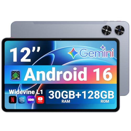Image of Tablet 12 Inch, Android 16 Tablet, 2K IPS, 30GB RAM + 128GB, 1TB Expandable | Octa-Core T7250, Gemini AI Support, 8800mAh Battery, 13MP + 5MP Dual Camera, WiFi 6, BT 5.2, Widevine L1, GPS