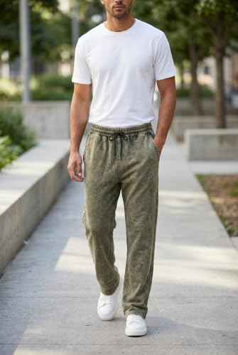 Image of boffi ... 100% Cotton Men's Relaxed Fit Pants, Wide Leg Fit, Acid Wash, Drawstring Elastic Waist, Casual Street Style
