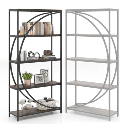 HOMASIS Librería 5 Niveles de Madera, Marco Metálico, Estante de Pared con Estanterías Abiertas, Mueble de Almacenamiento para Sala de Estar, Oficina, 86 x 30 x 175 cm (Negro)