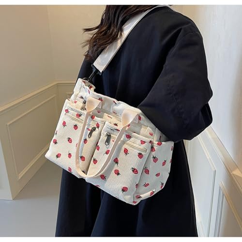 Image of Women Strawberry Bags, Corduroy Everyday Tote Bag Kawaii Shoulder Purse Handbag Crossbody Work Bag