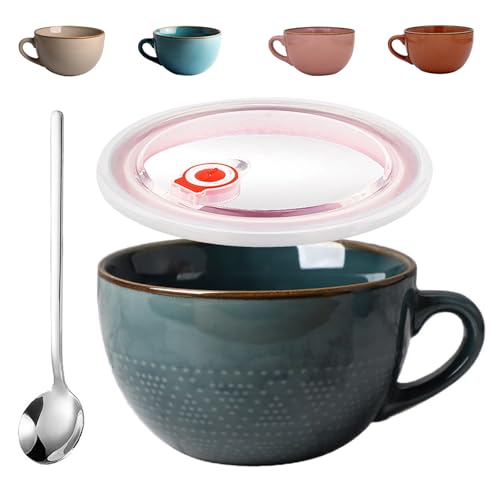 Groß Tasse Keramik 700ml Becher Kaffeebecher mit Henkel Müsli Frühstückstasse Mikrowellenherd Keramikschale Große Salatschüssel mit Deckel Geeignet für Milchkaffee Desserts(Schwarzgrün)