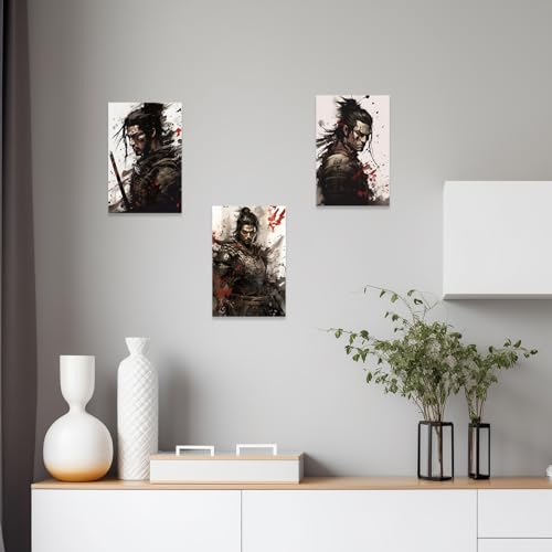 Image of CCWACPP 3 Piece Samurai Wall Art Japan Painting Canvas Print Warrior Figure Pictures Bushido Posters Japanese Culture Theme Artwork Home Room Decor Framed (A, (20 inchx28 inchx3))