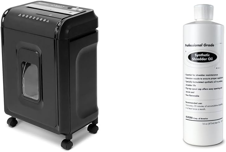 Aurora AU1260XA Anti-Jam 12-Sheet Crosscut Paper and CD/Credit Card Shredder & SL16 Professional Grade Synthetic Shredder Oil, 16 Oz Flip-Top Leak Proof Bottle