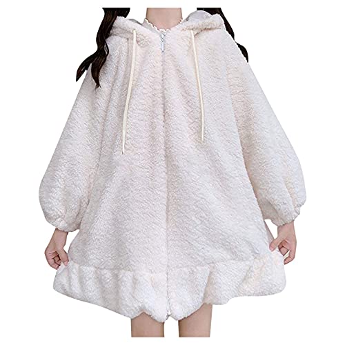 Abrigo de forro polar para mujer, largo, anime, sudadera con capucha con cremallera Japón Kawaii Harajuku Suéter Kpop Streetwear Niñas Kawaii Abrigo con capucha Cosplay Orejas de conejo de peluche