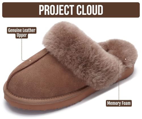 Image of Project Cloud Genuine Leather Slippers for Women with Genuine Fur Lining, Non-Slip Indoor /Outdoor Clog Mule Slippers, Memory Foam Insole