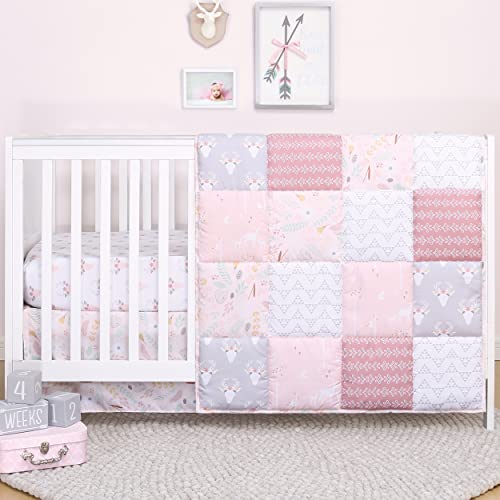 Image of The Peanutshell Pink Woodland Floral Crib Bedding Set for Baby Girls - Crib Quilt, Fitted Sheet, Dust Ruffle Included