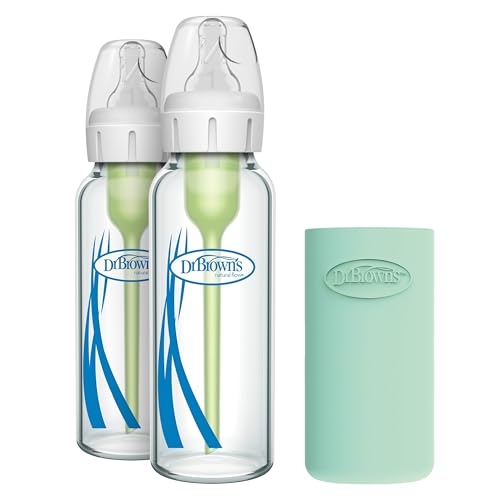 Image of Dr. Brown's Natural Flow Anti-Colic Options+ Narrow Glass Baby Bottle 8 oz/250 mL 2 Pack with Level 1 Slow Flow Nipple and Silicone Sleeves for Glass Bottles, Mint