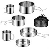 Volakebeing Juego de utensilios de cocina de acero inoxidable para camping, 6 piezas, kit de cocina al aire libre con ollas plegables, sartén y tazas, utensilios de cocina portátiles ligeros para