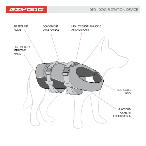 EzyDog Schwimmweste Hund - DFD Hundeschwimmweste - Schwimmwesten für für Kleine, Mittelgroße und Große Hunde - Rettungsweste mit Griff und Reflektoren, Größenverstellbar (XL, Rot)