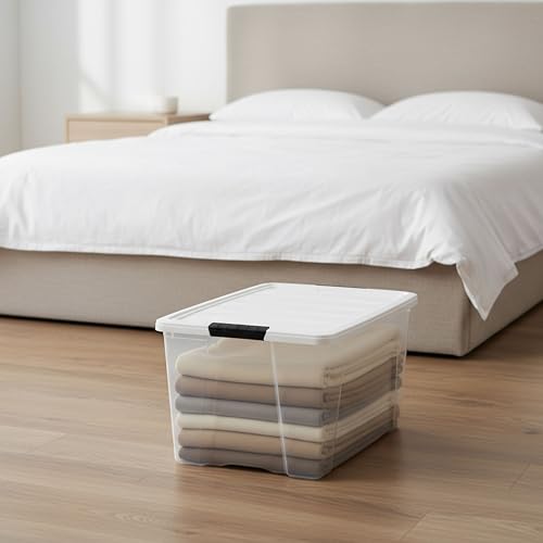 Image of IRIS USA 72 Qt Stackable Storage Bins with Lids, 4 Pack, Clear Plastic | Made in USA with secure latching handles for closet organization, toys, crafts, office supplies, and seasonal storage.