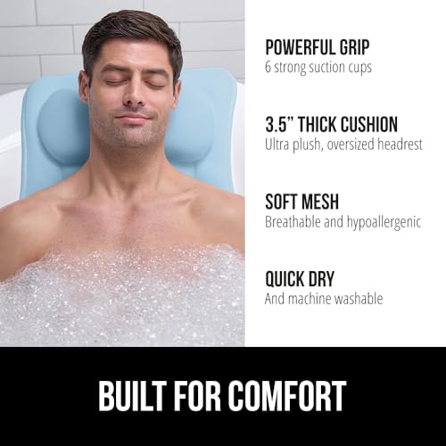 Image of GORILLA GRIP Bath Pillow for Tub, 6 Strong Suction Cups, 4D Mesh FlexComfort Headrest for Neck, Head and Back Support, Luxury Machine Washable Pillows, Bathtub Accessories, Spa Gifts for Women, Blue