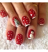 Christmas Press on Nails Short Square Fake Nails Red False Nails with Designs Christmas Tree Snow...