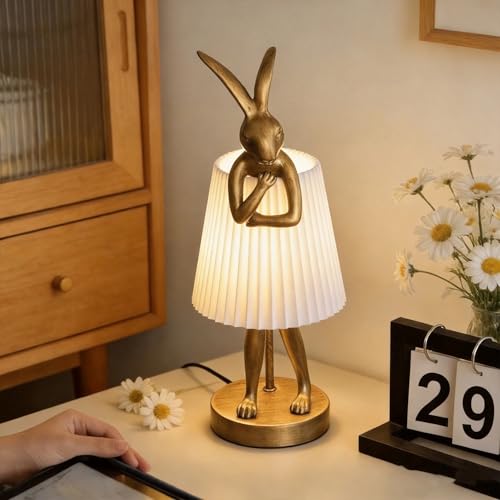 Easter Bunny Lamp Rabbit Table Lamp for Bedroom 15.7 Vintage LED Desk Light with Linen Lampshade Cute Animal Night Light Gift for Kids Girls Easter Basket Stuffers for Toddler (Light Gray)