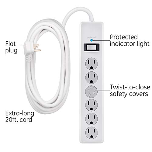Ge 6-Outlet Surge Protector, 2 Pack, 20 Ft Extension Cord, Power Strip, 800 Joules, Flat Plug, Twist-To-Close Safety Covers, Protected Indicator Light, Ul Listed, White, 54653 #TOP1
