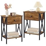 VECELO Nightstands Set of 2, Modern Bedside End Tables, Night Stands with Drawer and Storage Shelf for Living Room Bedroom, Industrial Metal Frame
