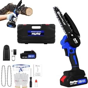 Mini Chainsaw Cordless 6-Inch Handheld Small Chain Saw with Battery, Blue 21V Battery Powered Portable Electric Mini Chainsaw with Safety Lock for Courtyard Garden Household Tree Branch Trimming