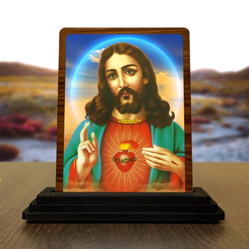 Image of Lord Jesus Wooden Idol for Car Dashboard & Home Decor - Sacred Christian Figurine Showpiece for Worship, Prayer & Gifting - Brown Wood (Size: 7.5 x 10 cm)