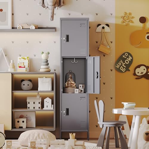 Image of Aobabo 16 inch W 3 Door Metal Storage Locker with Lock, 66 inch H Steel Locker with Name Card Holder and Metal Hook for School, Home, Office, Playroom, Assembly Required, Dark Grey