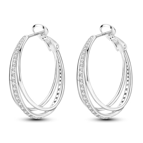 Parmuz Boucles d'oreilles créoles en argent sterling 925 pour femmes Boucles d'oreilles créoles torsadées légères avec zircone cubique Bijoux...