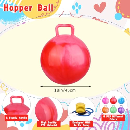 Ioffersuper 6 Pcs Bouncing with Handle Outdoor Jumping Hopper 18 Inch Marbling Color Bouncy Balls with Air Pump Outdoors Sports Exercise School Games Supplies, 6 Colors