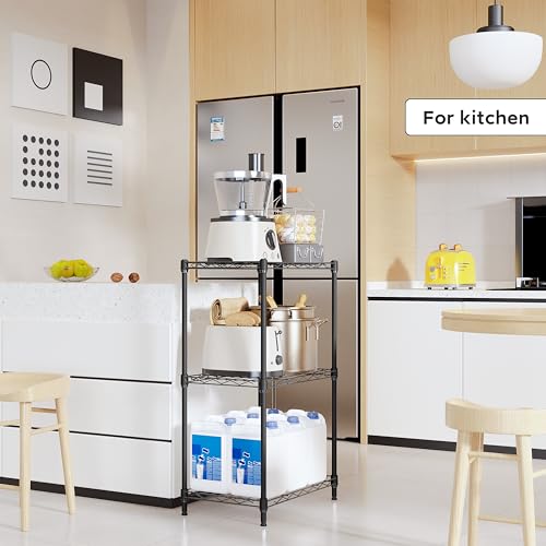 Image of M MZG 3 Tiers Shelf Metal Storage Shelves Wire Rack Closet Organizers with Wheel for Garage Kitchen Bathroom Laundry Black 11.8 inch D x 17.7 inch W x 28.8 inch H