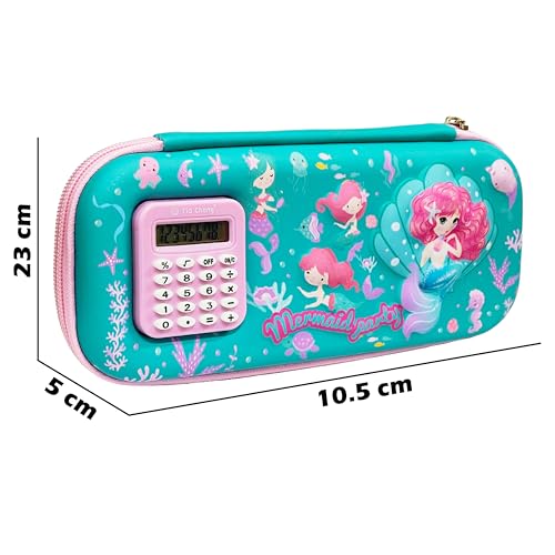 Image of VGRASSP Stationery Pencil Pouch for Kids with Mini Calculator - Mermaid Theme Zipper Case with Multi Storage Compartments - School Supplies Organizer - Multicolor
