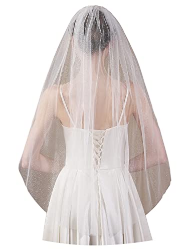 Elawbty 1 T Plain Glitter Tulle Veil Fingertip Length Wedding Bridal Veil F47 Ivory #TOP10