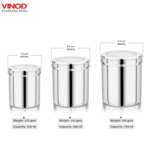 Image of Vinod Stainless Steel Deep Dabba | Set of 3-350, 500 & 750ml Capacity | Food Storage Container for Daily Use | Durable, Rust-Resistant & Easy to Clean | Ideal for Storing Grains & Snacks