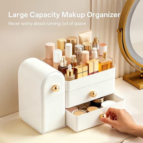 Image of HBlife Makeup Organizer Countertop with Drawers, Vanity Organizers with Brush Holder, Bathroom Counter Organizer for Perfume, Nail Polishes, Lipsticks, Skincare and Eyeshadow Palettes, White