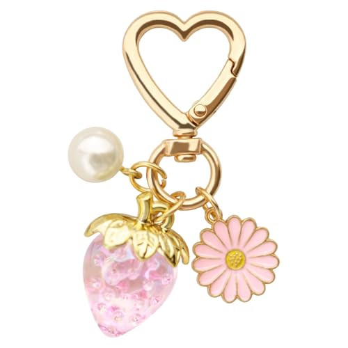 ZephyrHome Fresa Llavero mujer, flor margarita y perla, colgante para bolso y decoración de bolso,llavero coche mujer con corazón dorado, accesorios chica para mochila,llaveros elegante y accesorios