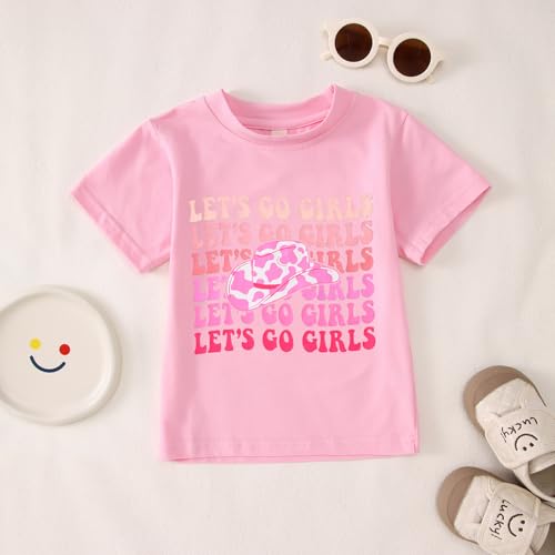Image of MODNTOGA Toddler Girl Leopard Cowboy Hat Graphic Tshirt Retro Western Cowgirl Shirt Let's Go Girls Print Short Sleeve Tee Top